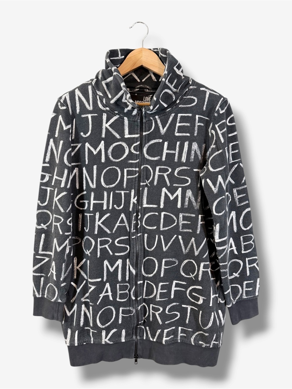Love Moschino Alphabet Chalkboard Print Long Zip Hoodie Gray Size 42 US 6